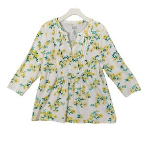 Croft & Barrow Womens XXL Floral Cottage 3/4 Sleeve VNeck Top Yellow Pintuck